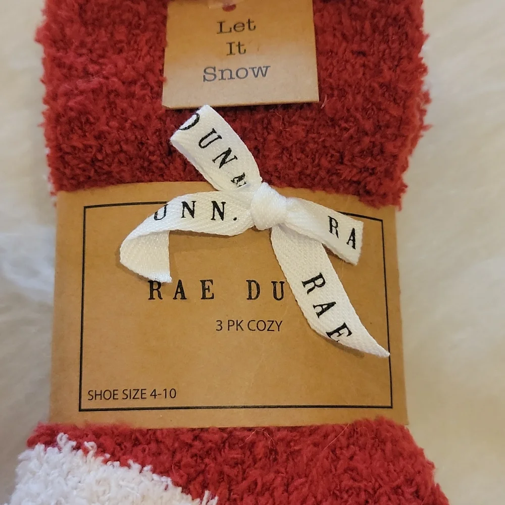RAE DUNN 3 Pk Red Cream Embroidered Loungewear Cottage Winter Soft‎ Cozy Socks